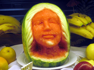 carved watermelon on the buffet