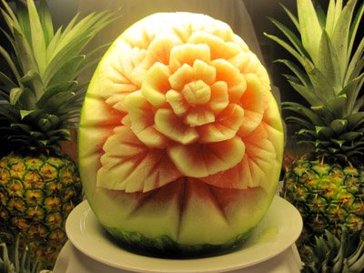 carved watermelon on the buffet